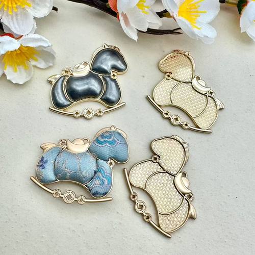 宋锦手工DIY吊坠底胚 马上有钱挂件双面盖 宋锦包布合金凹槽配件