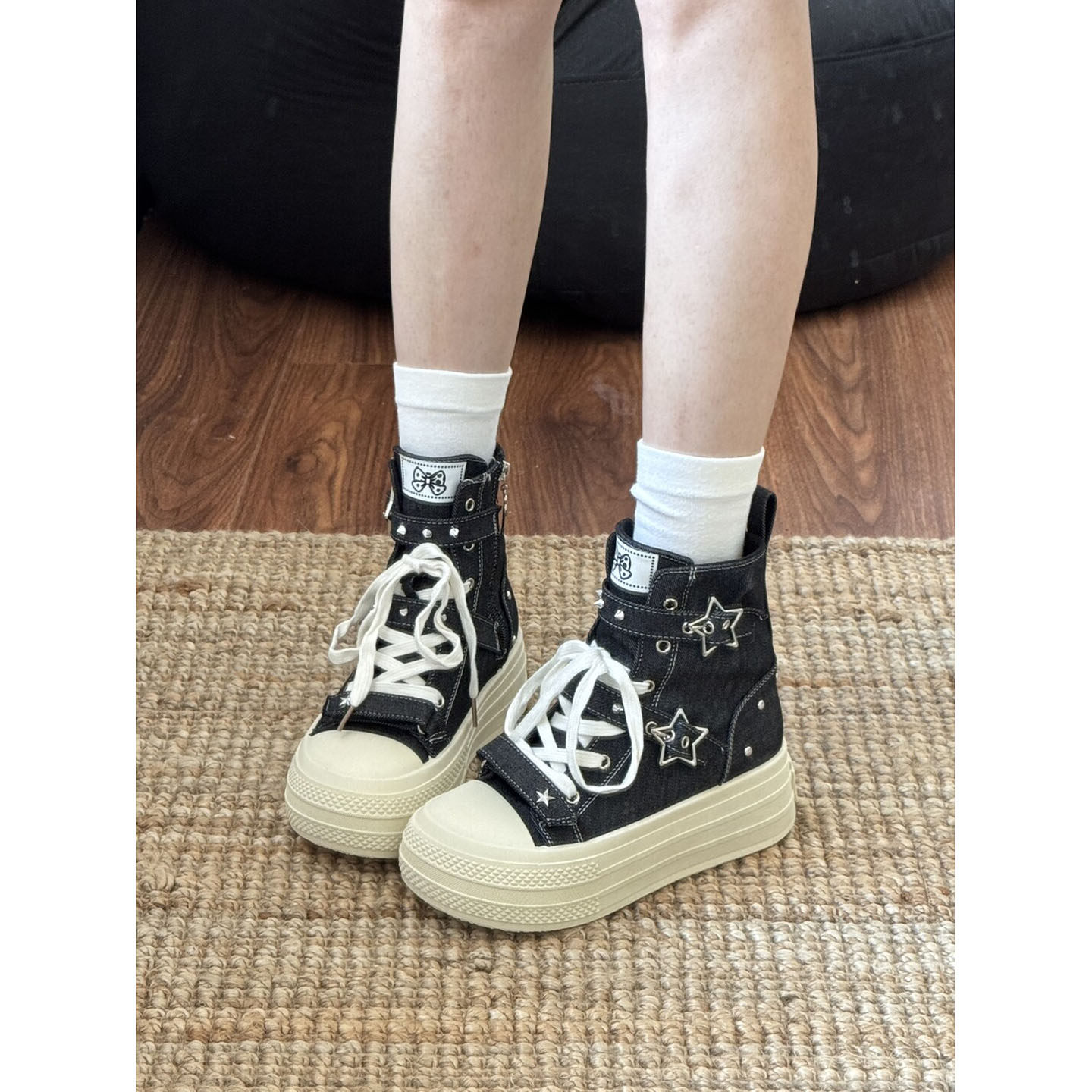 复古星星厚底帆布鞋女款2026新款轻便百搭小个子增高休闲高帮板鞋,女鞋,帆布鞋,淘宝优惠券,粉丝福利购,淘宝优惠卷