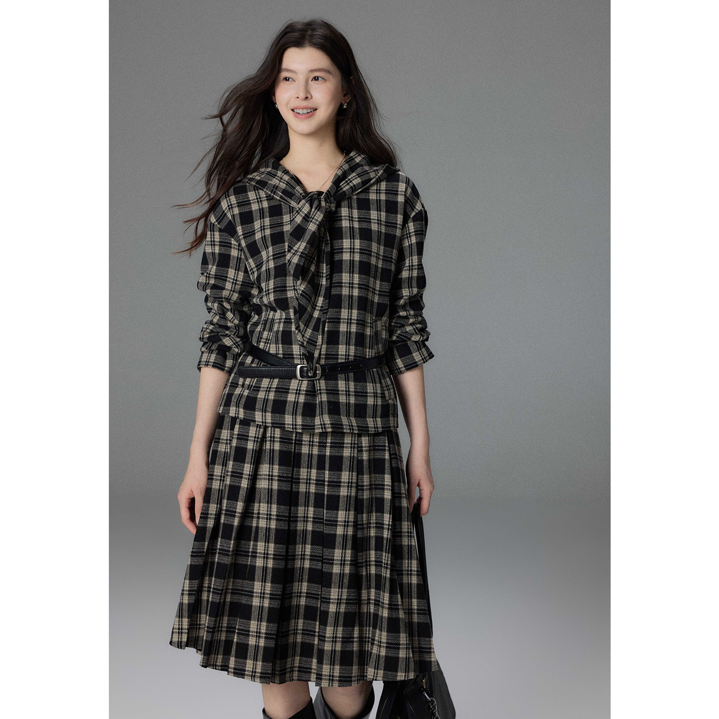 贰羊设计【云山晓】复古棉感抽褶格纹套装飘带领上衣高腰半身裙,女装/女士精品,时尚套装,淘宝优惠券,粉丝福利购,淘宝优惠卷