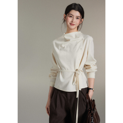 贰羊设计【时宜】简约不对称荡领斜门襟绑带收腰上衣女高级感衬衫