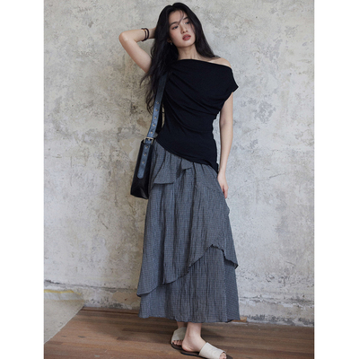 复古不规则格子半身裙