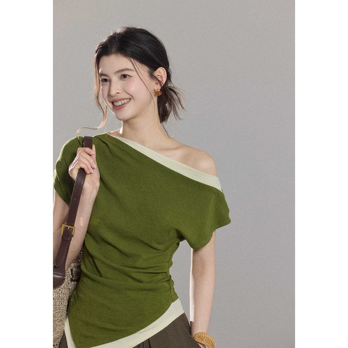 贰羊设计【松叙】天丝莫代尔软糯撞色侧落肩上衣女设计感短袖T恤