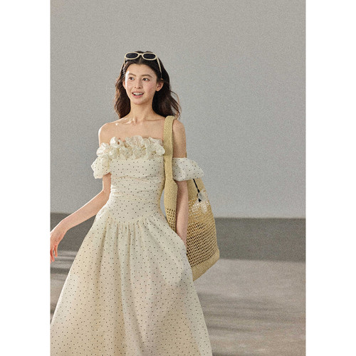 贰羊设计【风泠】两穿立体荷叶边一字肩复古波点连衣裙女收腰长裙