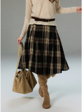 贰羊设计【禾子木】1oo棉复古宽松百褶半身裙女高腰格纹中长裙子