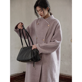 贰羊设计【秋霜序】国风新中式蚕丝兔羊毛翻领大衣冬双面呢外套女