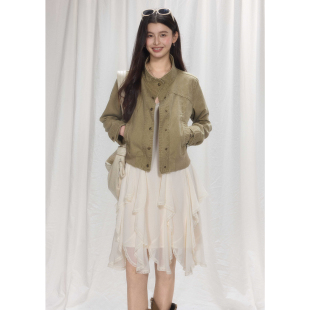 贰羊设计 100棉复古水洗做旧牛仔外套女立领正肩夹克上衣 嘉言