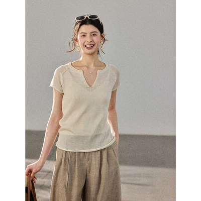 贰羊设计【木兰辞】法式细纱针织莱赛上衣女高级感软糯V领短袖