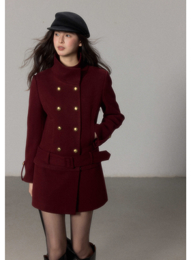 贰羊设计【佳念】两穿可拆裙片复古高级感红色夹棉毛呢外套连衣裙