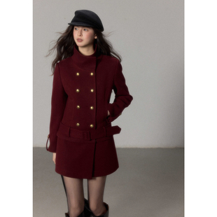 贰羊设计 两穿可拆裙片复古高级感红色夹棉毛呢外套连衣裙 佳念
