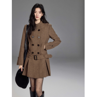 气质人字纹毛呢外套 复古千金双排扣羊毛连衣裙式 贰羊设计 枫栖