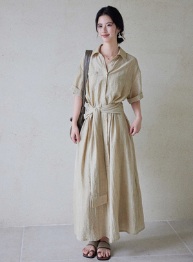 贰羊设计【映雪】法式通勤风宽松收腰连衣裙女亚麻凉感衬衫裙长裙