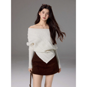 不规则斜肩一字肩两穿蝙蝠袖 贰羊设计 丹曦 白色毛衣女气质上衣