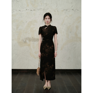 贰羊设计【现货5折】梦华录 新中式复古老钱黑金竹子旗袍连衣裙