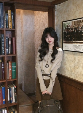 贰羊设计【渺兮】温柔气质斜肩针织衫女设计感宽松慵懒假两件毛衣