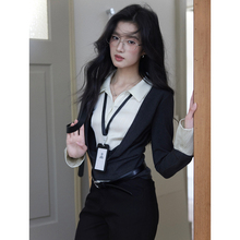 贰羊设计【苏予】假两件荡领针织衫拼接缎面衬衫女高级设计感上衣