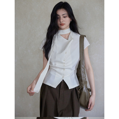 亚麻荡领短袖设计感飘带上衣