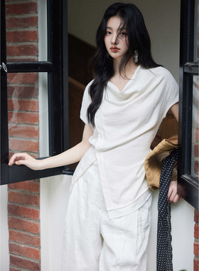 贰羊设计【破晓】高级荡领设计感绑带收腰老钱风衬衫女夏短袖上衣