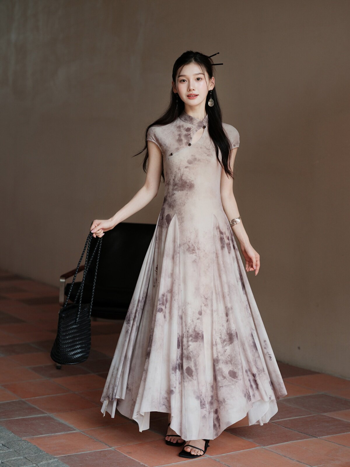 [재고] 이량 디자인 [수묵화] 국가 스타일 새로운 중국 스타일 슬림 젠 메쉬 치파오 드레스 여성 여름
