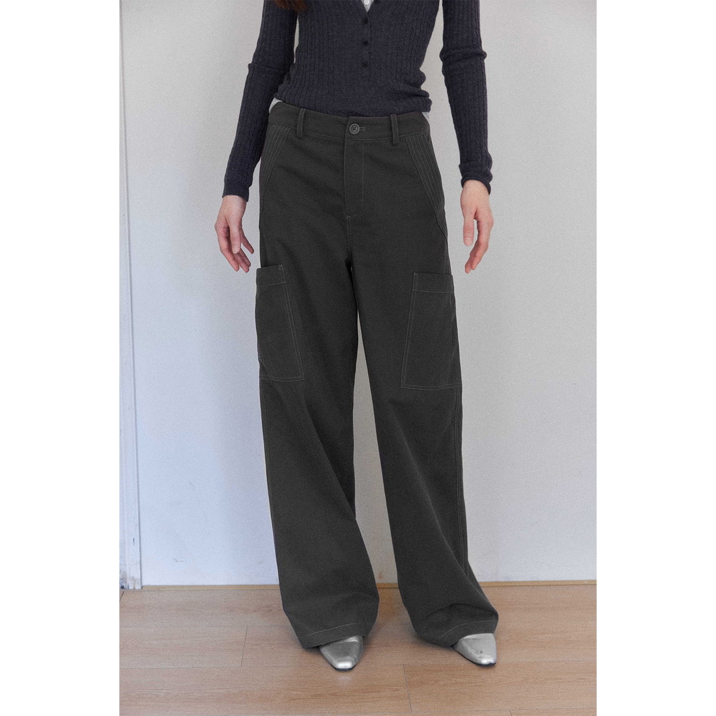 贰羊设计【清音】休闲通勤纱洗灰工装牛仔裤女高腰复古1oo棉长裤