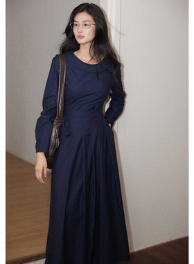 贰羊设计【瑾瑜】复古文艺感系带圆领百褶连衣裙女1oo棉高腰a字裙