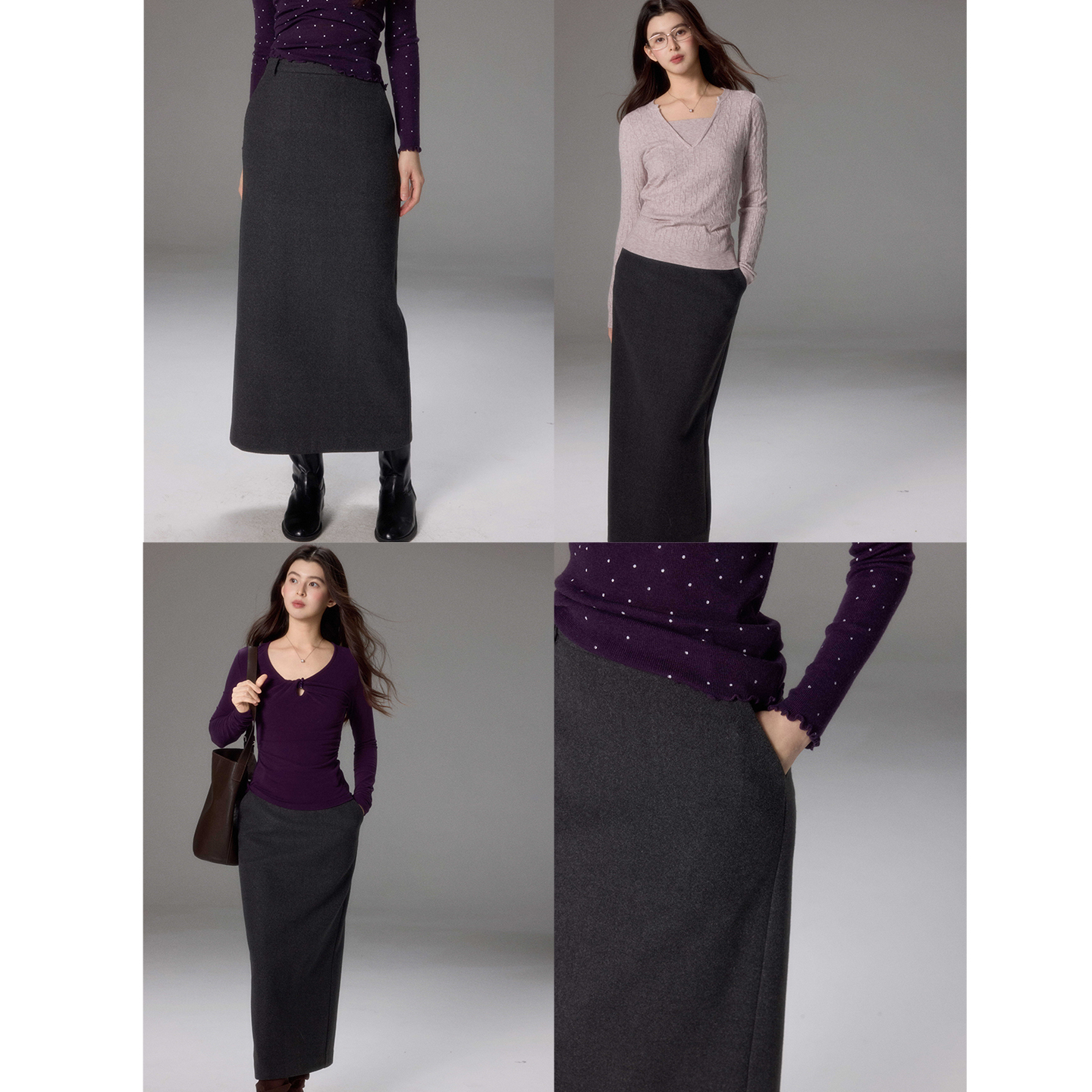 贰羊设计【墨裾】通勤质感长款灰色半身裙女秋冬百搭显瘦毛呢裙子