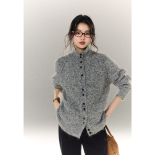 贰羊设计【荔绥】复古灰杂色毛衣女宽松休闲通勤翻领软糯针织开衫