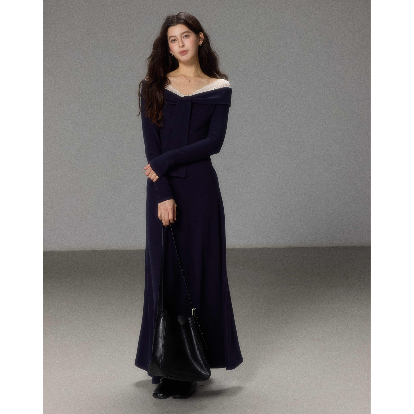 贰羊设计【淑怡】假两件蕾丝拼接针织长裙女修身显瘦长袖连衣裙子