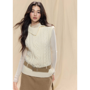 贰羊设计【舒窕】小飞袖立体麻花翻领无袖毛衣女叠穿百搭马甲上衣