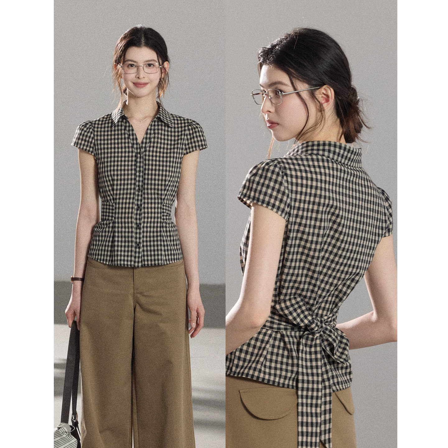 贰羊设计【星轨】法式复古格子短袖衬衫女休闲通勤后绑带收腰上衣