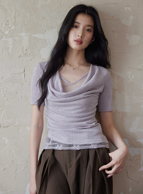 贰羊设计【汀岚】假两件荡领蕾丝针织短袖上衣女紫色气质收腰t恤