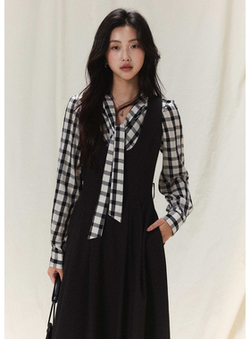 贰羊设计 【沐风】经典气质1oo莱赛尔衬衫女秋百褶收腰背心裙套装