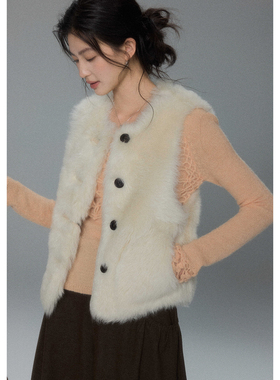 贰羊设计【述白】双面穿皮毛一体白色马甲背心女无袖秋冬毛毛外套