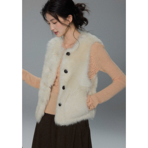贰羊设计【述白】双面穿皮毛一体白色马甲背心女无袖秋冬毛毛外套