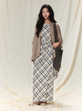 贰羊设计【星熠】高知格纹1oo棉连衣裙女秋收腰绑带法式通勤裙子