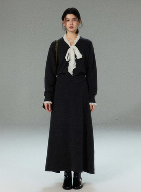 贰羊设计【霖铃】法式蕾丝花边蝴蝶结针织衫+高腰A字针织半裙套装