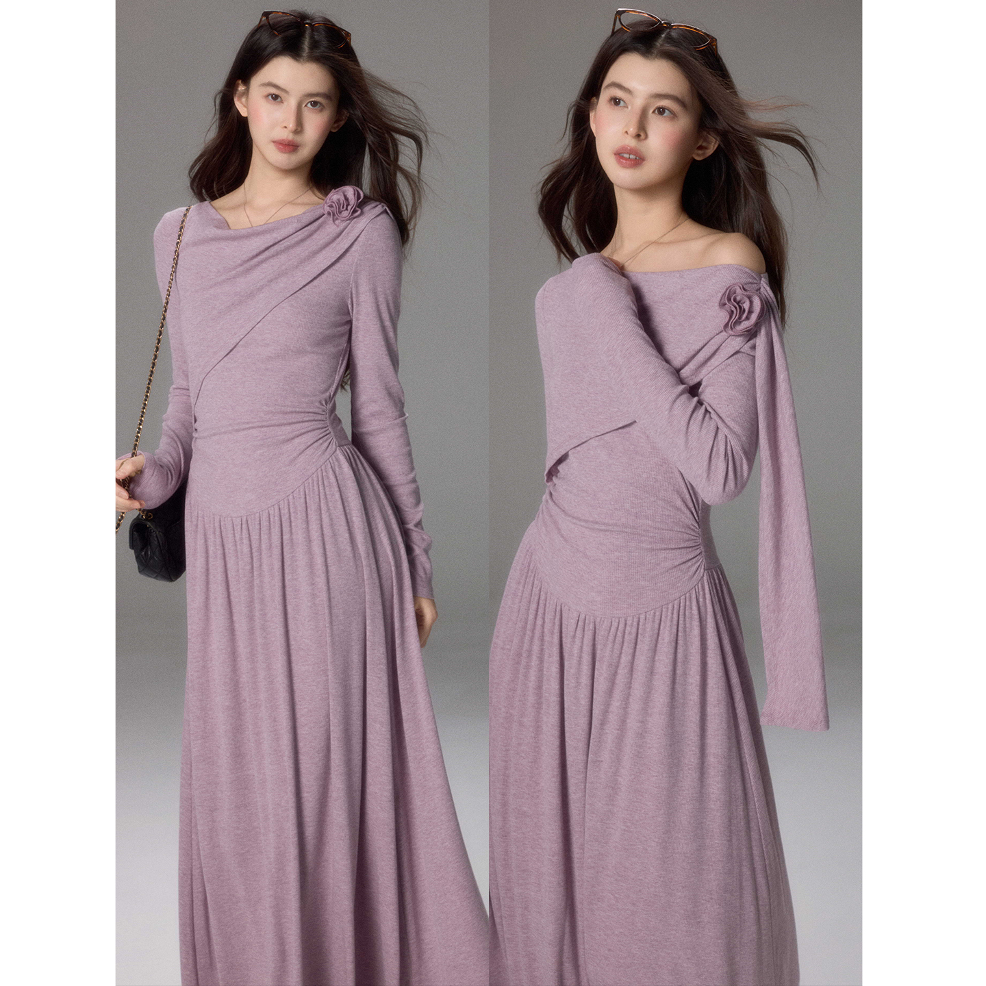 贰羊设计【柔吟】法式荡领针织连衣裙女修身显瘦大衣内搭斜肩长裙