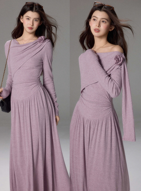 贰羊设计【柔吟】法式荡领针织连衣裙女修身显瘦大衣内搭斜肩长裙