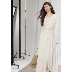 连衣裙女垂感奶白色层次感长裙 通勤气质荡领长袖 贰羊设计 暖裾