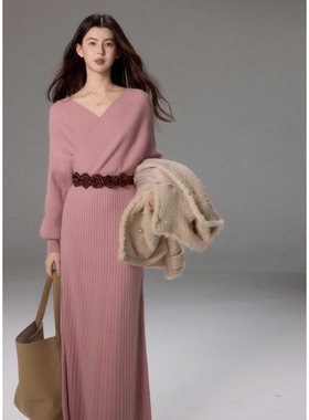 贰羊设计【陌上花开】气质优雅收腰V领毛织连衣裙女修身针织长裙