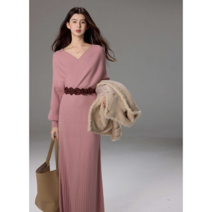 针织长裙 气质优雅收腰V领毛织连衣裙女修身 贰羊设计 陌上花开