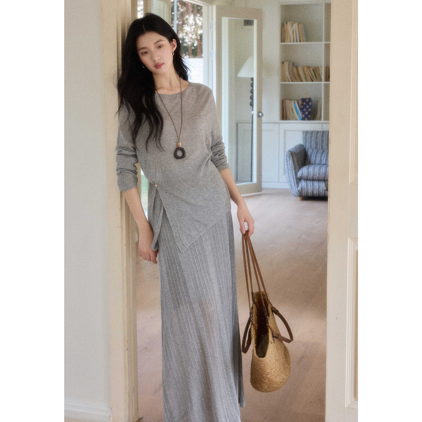 贰羊设计【江浸月】100莱赛尔长袖针织衫+高腰半身裙宽松垂坠套装