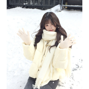 贰羊设计【倾音】90白鸭绒羊毛棉羽绒服女重工蕾丝花边短款面包服