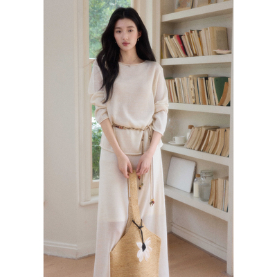 贰羊设计【莳下】松弛慵懒感花杂色薄款扬子纱针织衫+半身裙女