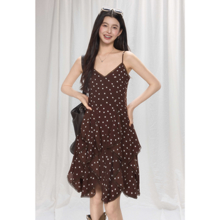 连衣裙 复古波点不规则荷叶边插片吊带裙女春法式 贰羊设计 暮昔