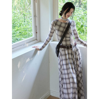 贰羊设计【墨染】复古弹力格子连衣裙女不规则收腰设计感大摆长裙