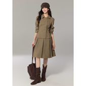 贰羊设计 女双排扣上衣半裙通勤套装 嘉宜 复古彼得潘领格纹衬衫