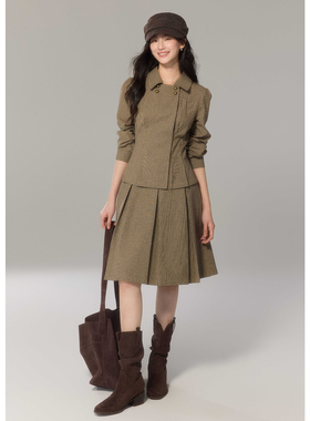 贰羊设计【嘉宜】复古彼得潘领格纹衬衫女双排扣上衣半裙通勤套装