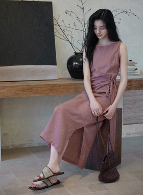 贰羊设计【乐薇】1oo亚麻圆领无袖连衣裙女系带收腰通勤百搭裙子