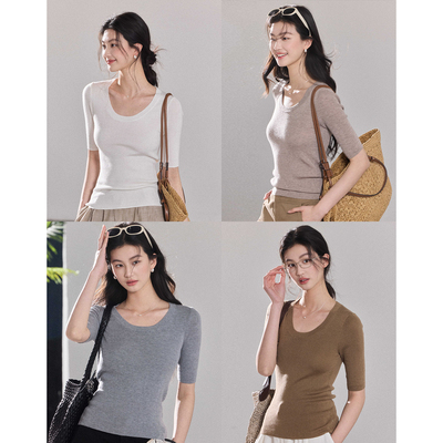 贰羊设计【清辞】半袖羊毛混纺大弧度U领设计针织上衣