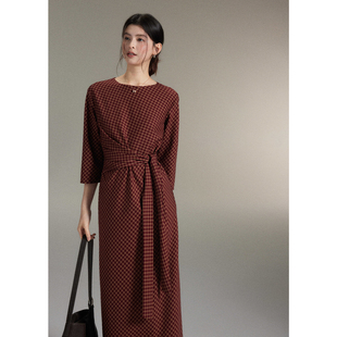 贰羊设计 文艺感复古红色格子长裙女设计感交叉绑带连衣裙 念苡